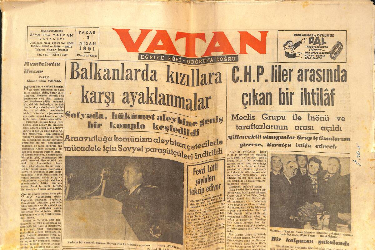 Vatan Gazetesi 1 Nisan 1951 - Balkanlarda Kızıllara Karşı Ayaklanmalar - Bugün Galatasaray-Beşiktaş Karşılaşıyor GZ146620 - 1