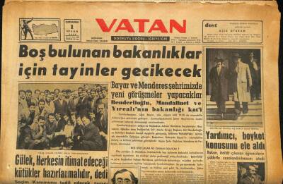 Vatan Gazetesi 1 Nisan 1959 - Bayar Ve Menderes Şehrimizde Yeni Görüşmeler Yapacaklar GZ86428 - 1