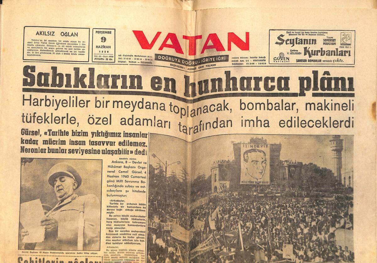 Vatan Gazetesi 10 Haziran 1960 - Anayasa İçin Anket Açıldı - Hürriyet Şehitleri Gözyaşlarıyla Uğurlandı GZ155945 - 1