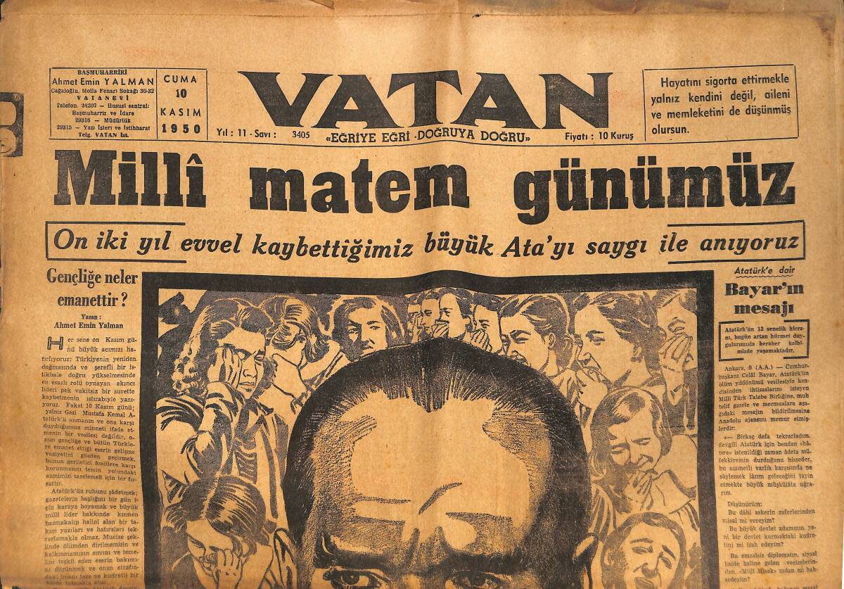 Vatan Gazetesi 10 Kasım 1950 - 12 Yıl Önce Kaybettiğimiz Büyük Ata'yı Saygı İle Anıyoruz GZ133331 - 1