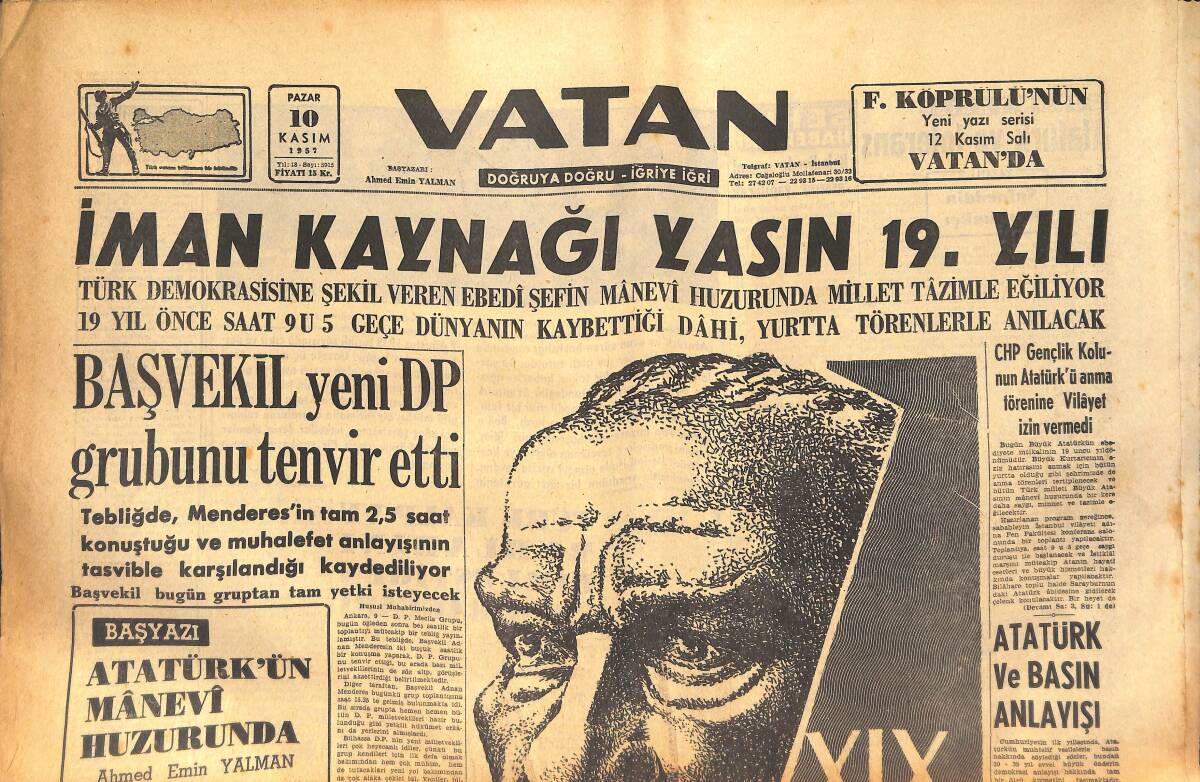 Vatan Gazetesi 10 Kasım 1957 - Ölümünün 19.Yıldönümünde Atamızı Anıyoruz GZ133324 - 1