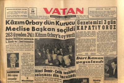 Vatan Gazetesi 10 Ocak 1961 - Kazım Orbay Kurucu Meclise Başkan Seçildi GZ64597 - 2