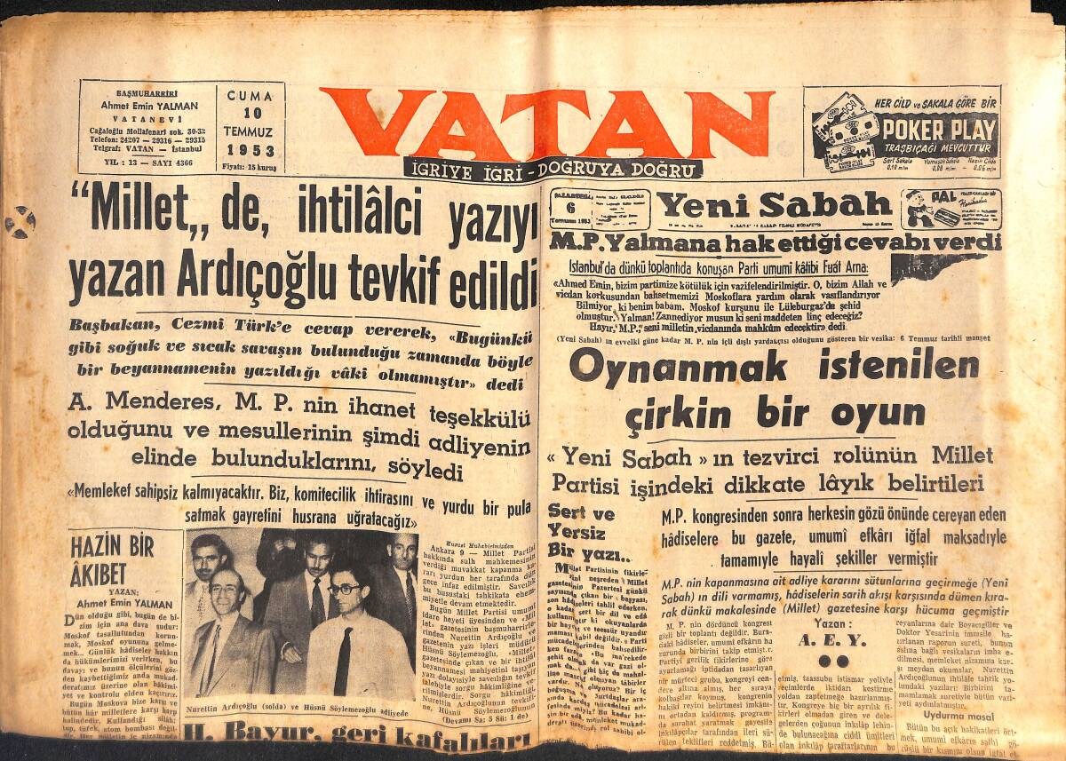 Vatan Gazetesi 10 Temmuz 1953 - Adnan Menderes; M.P nin İhanet Teşekkülü Olduğunu Söyledi - Emeklilik Hakkındaki Tasarı Kabul Edildi GZ133214 - 1