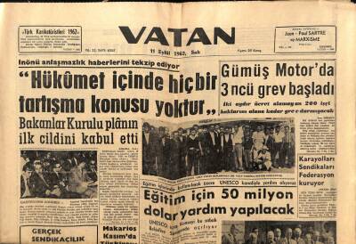 Vatan Gazetesi 11 Eylül 1962 - Hükümet İçinde Hiç Bir Tartışma Konusu Yoktur GZ64832 - 2