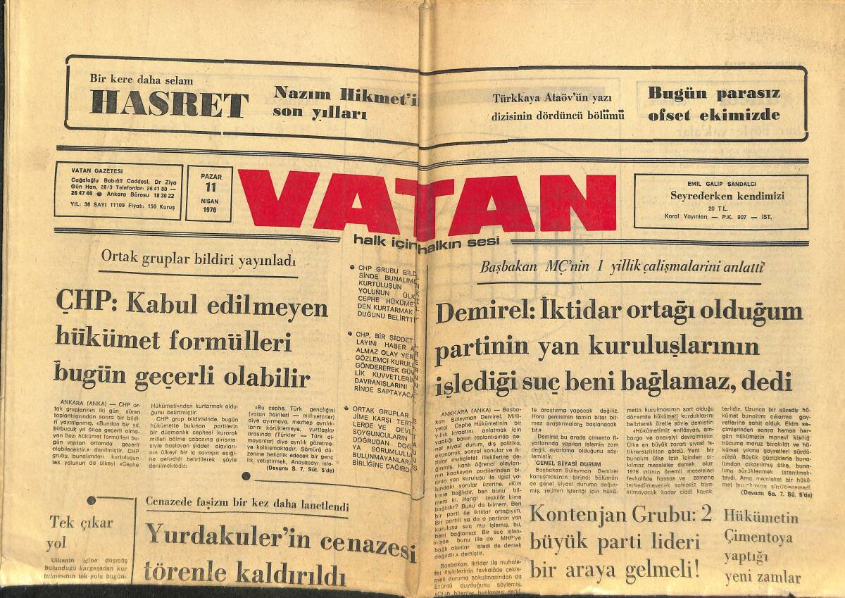 Vatan Gazetesi 11 Nisan 1976 - Ford. Kıbrıs'taki Olumlu Gelişmeleri Hızlandıracağız - Olimpiyat Stadı 6 Haziran'da Bitecek GZ147806 - 1