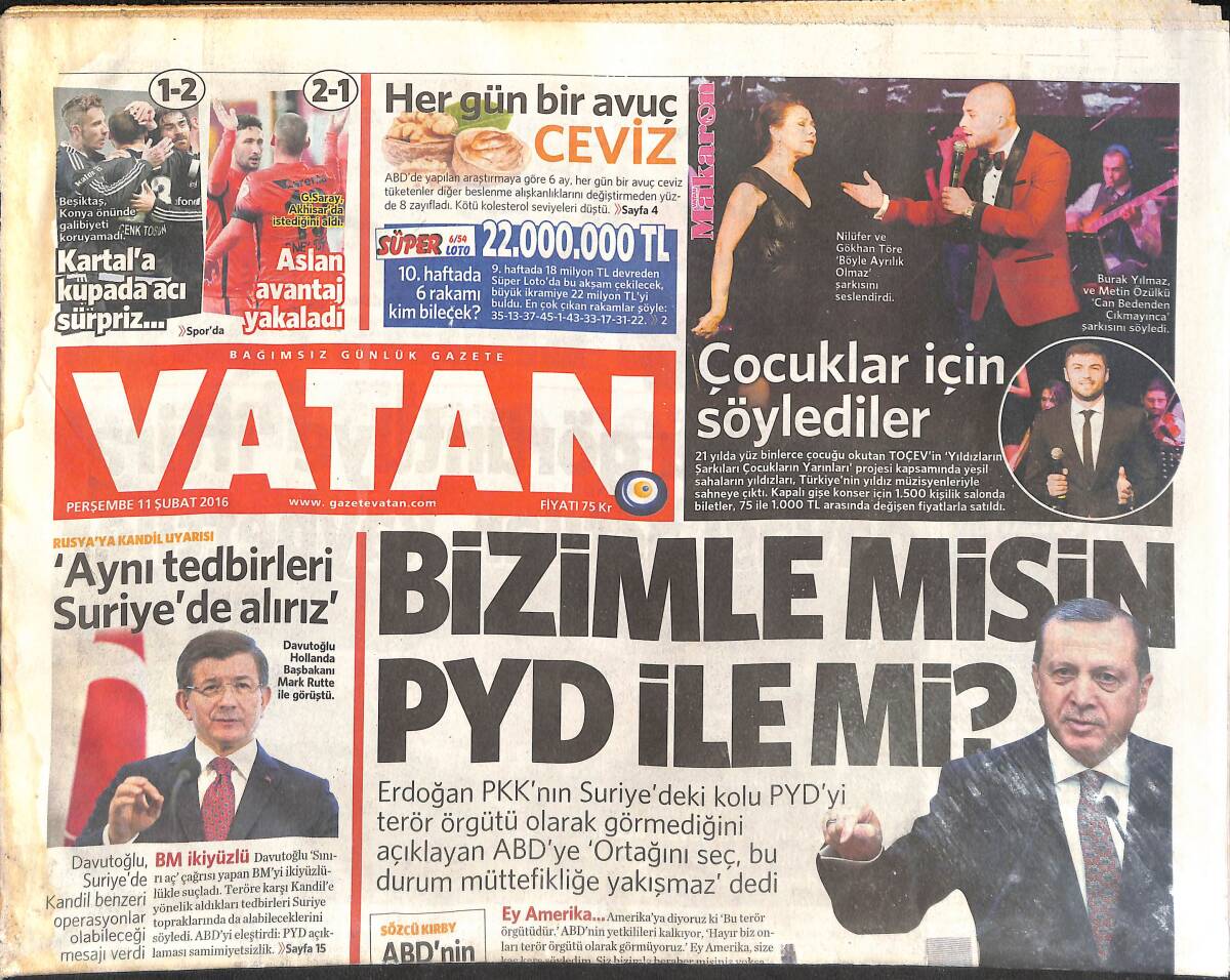 Vatan Gazetesi 11 Şubat 2016 - Başbakan Erdoğan: Bizimle Misin PYD İle Mi? - Beşiktaş'a Kupada Acı Sürpriz... GZ136799 - 1