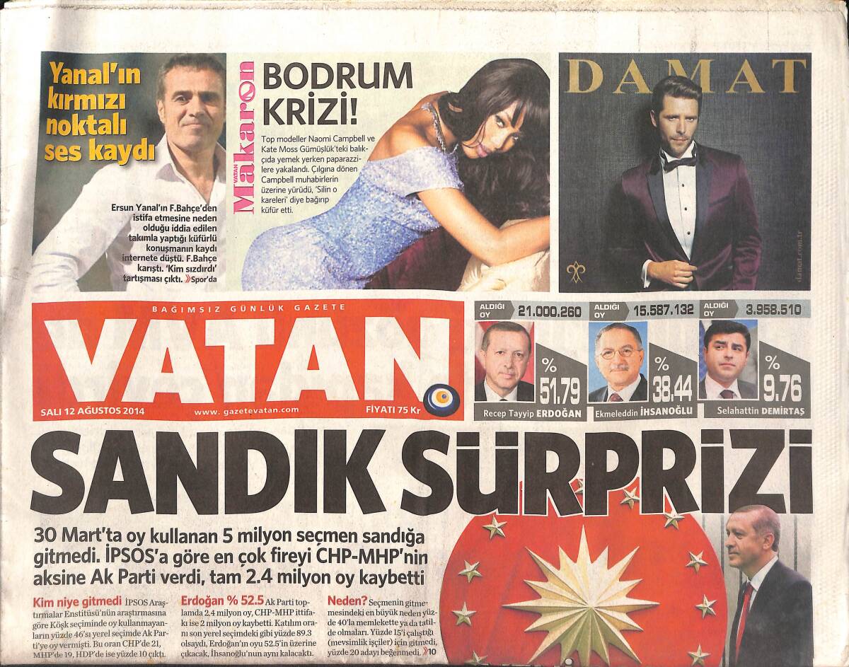 Vatan Gazetesi 12 Ağustos 2014 - Ersun Yanal'ın Kırmızı Noktalı Ses Kaydı - Yeni Başbakan 27 Ağustos'ta - CHP'de Kongre Sesleri GZ136369 - 1