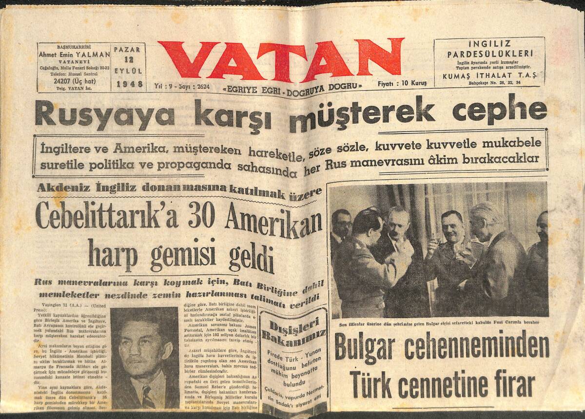 Vatan Gazetesi 12 Eylül 1948 - Fransız Kabinesi Kuruldu - Bulgar Cehenneminden Türk Cennetine Firar GZ142021 - 1