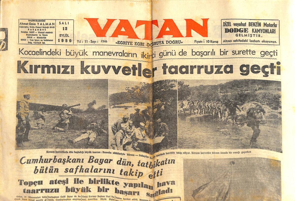 Vatan Gazetesi 12 Eylül 1950 - Kırmızı Kuvvetler Taarruza Geçti - İsmet İnönü'den Neler Beklemek Hakkımızdır? GZ142527 - 1