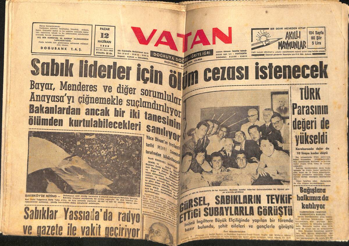 Vatan Gazetesi 12 Haziran 1960 - Türk Parasının Değeri de Yükseldi - Menderes'in Yeğeni İhbarlarda Bulundu GZ155950 - 1