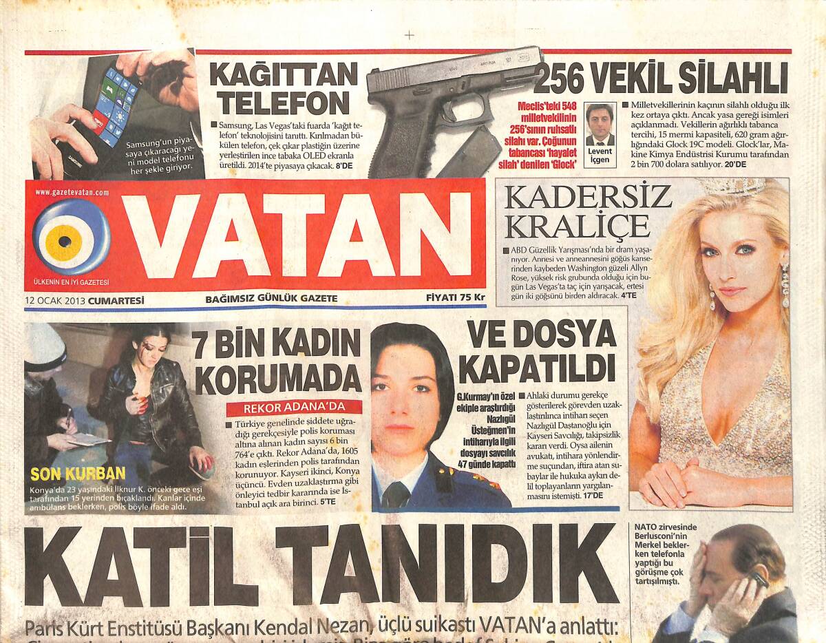 Vatan Gazetesi 12 Ocak 2013 - Kadıköy'de Öğretmene Vahşi İnfaz - 7 Bin Kadın Korumada GZ159535 - 1
