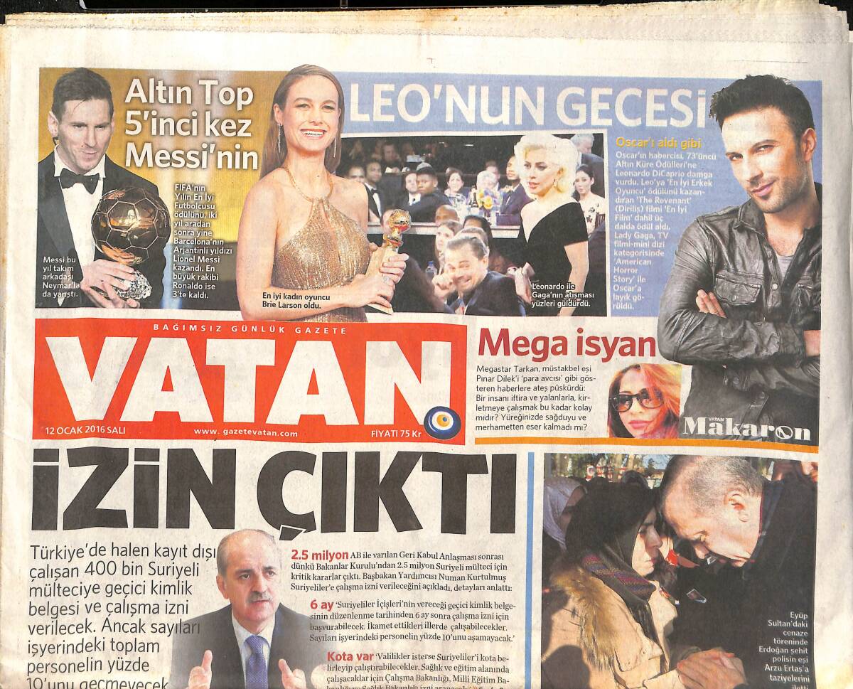 Vatan Gazetesi 12 Ocak 2016 - Megastar Tarkan İsyan - Altın Top Beşinci Kez Messi'nin - Şehide Veda GZ135849 - 1