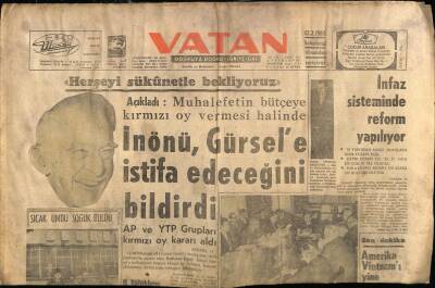 Vatan Gazetesi 12 Şubat 1965 - İsmet İnönü İstifa Edeceğini bildirdi GZ75041 - 1