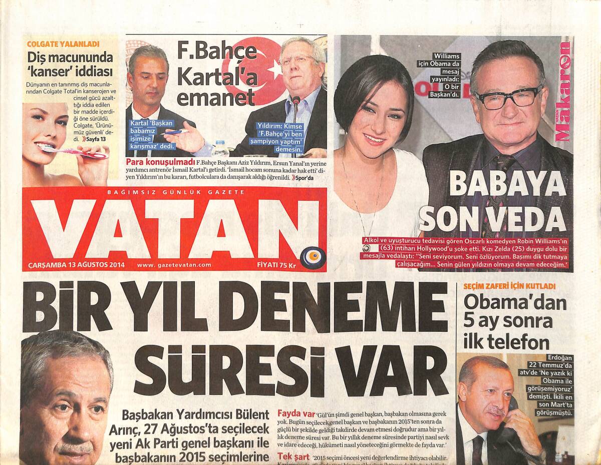Vatan Gazetesi 13 Ağustos 2014 - Mavi Marmara Gazze Yolunda - İstanbul'da Ebola Paniği GZ159506 - 1