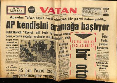 Vatan Gazetesi 13 Haziran 1962 - AP Kendisini Aramaya Başladı GZ78832 - 1