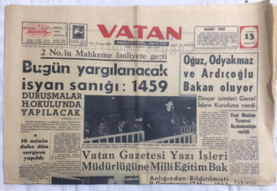 Vatan Gazetesi 13 Haziran 1963 - Bugün Yargılanacak İsyan Sanığı1459,Duruşmalar Harp Okulunda Yapılacak - GZ21268 - 1