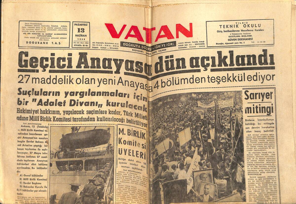 Vatan Gazetesi 13 Haziran 1968 - Geçici Anayasa Dün Açıklandı - Fenerbahçe Beşiktaş'ı Dün De Mağlup Etti GZ156628 - 1