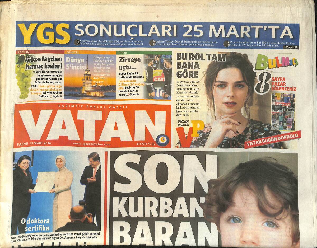 Vatan Gazetesi 13 Mart 2016 - YGS Sonuçları 25 Mart'ta - Altın Adam Rıza Kayaalp - En Yaşlı Adam Eski Bir Mahkum GZ135902 - 1