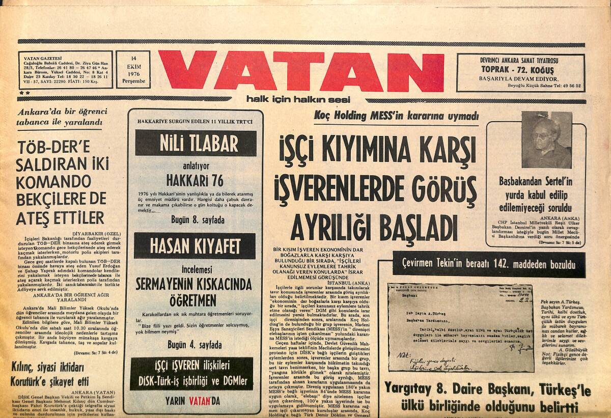 Vatan Gazetesi 14 Ekim 1976 - TÖB-DER İstanbul Şubesi Dün Açıldı - Çevirmen Tekin'in Beraatı 142. Maddeden Bozuldu GZ161093 - 1