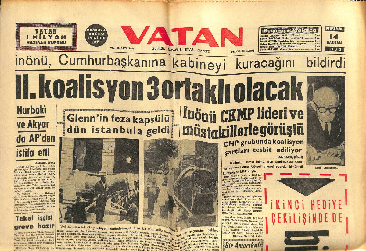 Vatan Gazetesi 14 Haziran 1962 - II.Koalisyon 30 Ortaklı Olacak - Tekel İşçisi Greve Hazır GZ143364 - 1