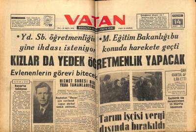 Vatan Gazetesi 14 Mart 1963 - Kızlarda Yedek Öğretmenlik Yapacak GZ66113 - 2