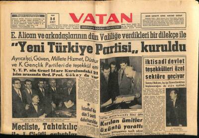 Vatan Gazetesi 14 Şubat 1961 - Yeni Türkiye Partisi Kuruldu GZ64617 - 1