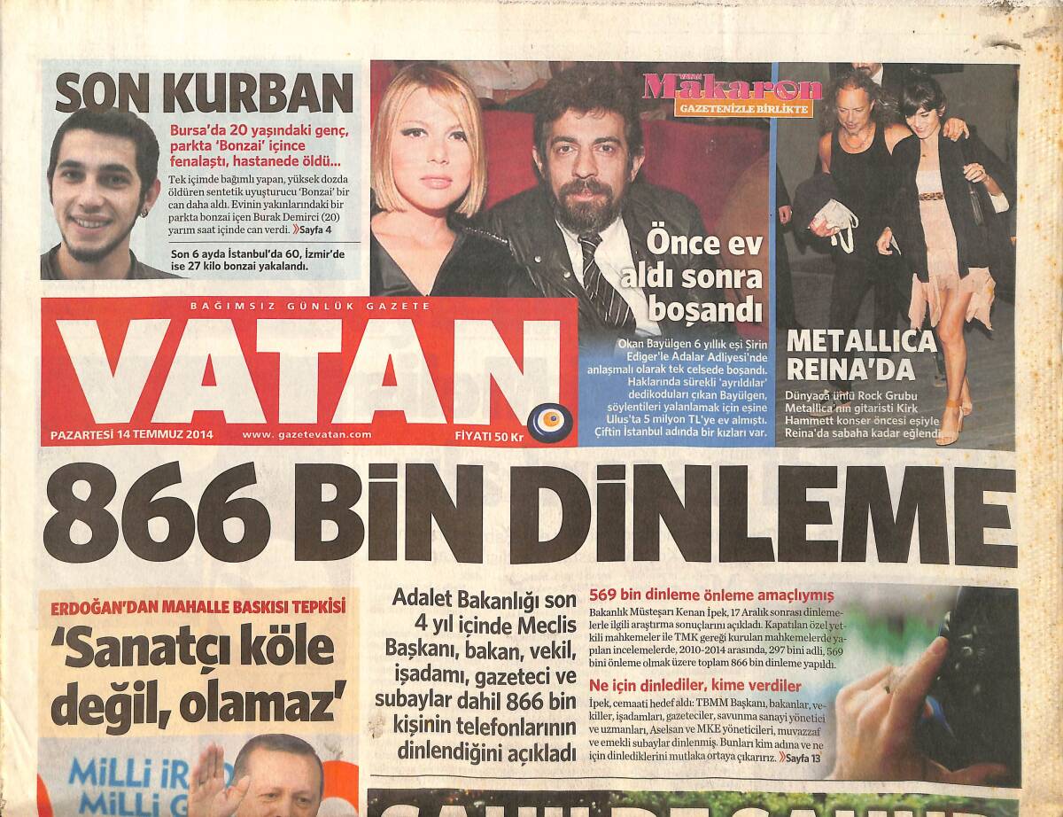 Vatan Gazetesi 14 Temmuz 2014 - İsrail Karadan Gazze'ye Girdi - Caner Erkin Bugün İmzalıyor GZ159503 - 1