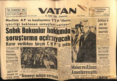 Vatan Gazetesi 15 Eylül 1962 - Sabık Bakanlar Hakkında Soruşturma Açılmayacak GZ64831 - 2