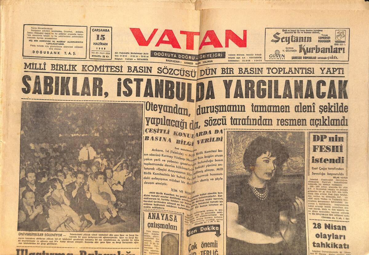 Vatan Gazetesi 15 Haziran 1960 - DP'nin Feshi İstendi - Ulaştırma Bakanlığı , Bir Milyar Lira Borçlu GZ155941 - 1