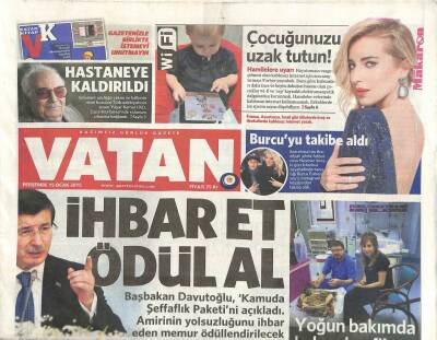 Vatan Gazetesi 15 Ocak 2015 - Türk Edebiyatının Efsanevi İsmi Yazar Yaşar Kemal , Yoğun Bakımda Tedavi Altına Alındı GZ106720 - 1