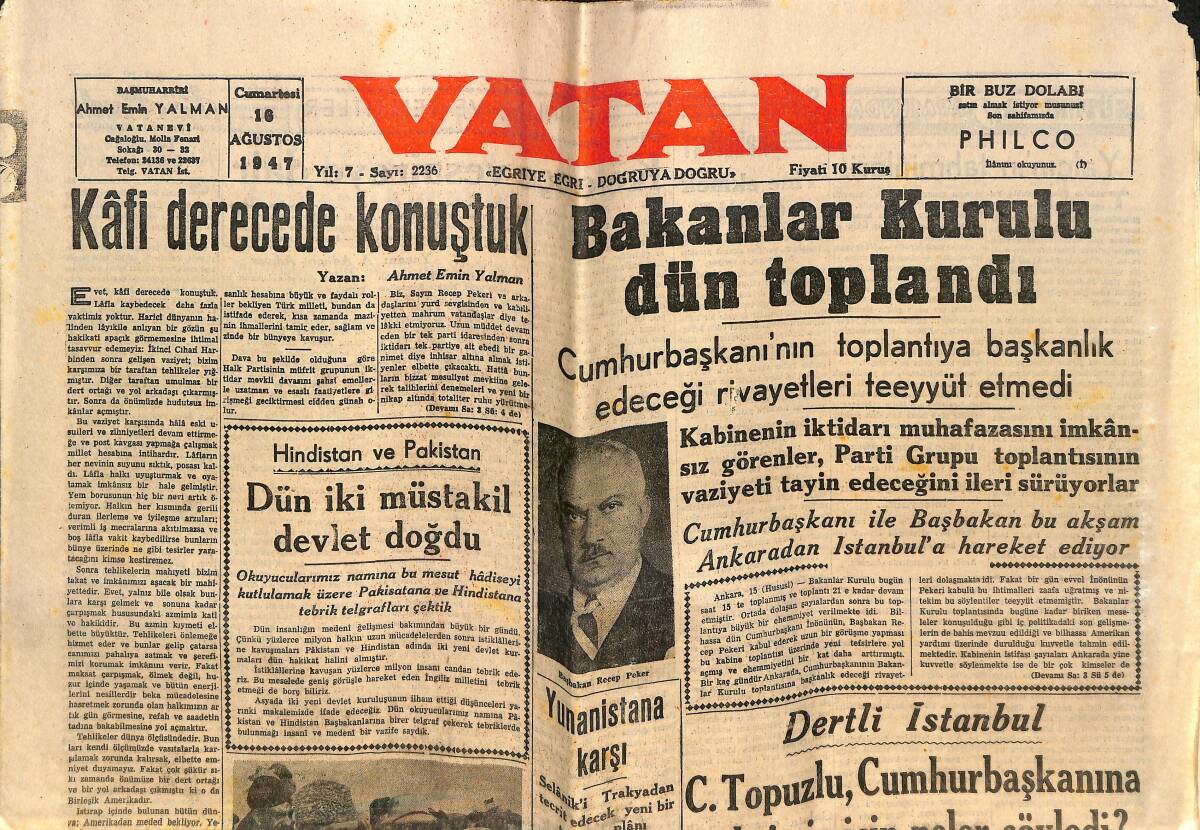 Vatan Gazetesi 16 Ağustos 1947 - İlk Hindistan Kabinesi Kuruldu - Bakanlar Kurulu Dün Toplandı GZ142418 - 1