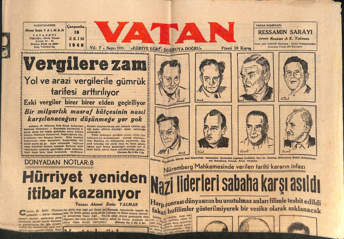 Vatan Gazetesi 16 Ekim 1946 - Nazi Liderleri Sabaha Karşı Asıldı - Boğazlar Hakkında Rauf Orbay'ın Beyanatı GZ146788 - 1