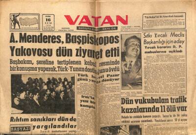 Vatan Gazetesi 16 Ekim 1959 - Adnan Menderes Başpiskopos Yakovosu Dün Ziyaret Etti GZ64812 - 2
