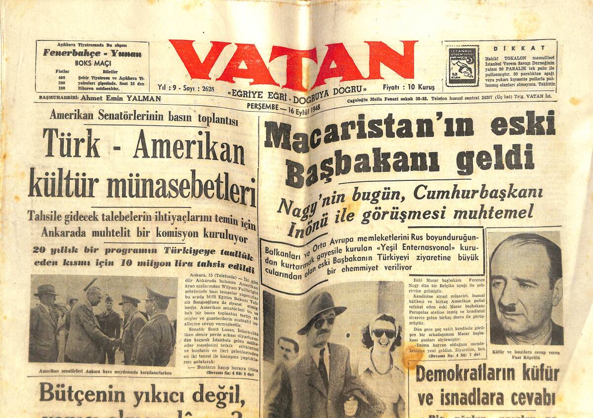 Vatan Gazetesi 16 Eylül 1948 - Macaristan'ın Eski Başbakanı Geldi - Türk-Alman Kültür Münasebetleri GZ142020 - 1