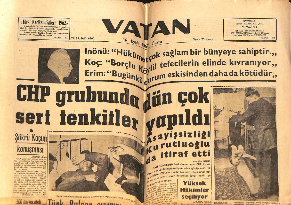Vatan Gazetesi 16 Eylül 1962 - Feridun Erkin Almanyaya Gitti - CHP Grubundaki Dün Çok Sert Tenkitler Yapıldı GZ149057 - 1