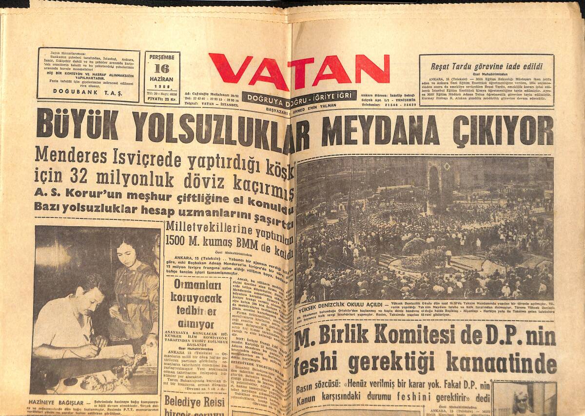 Vatan Gazetesi 16 Haziran 1960 - Etibank V.C. lileri İşlerinden Çıkarıldı - Büyük Yolsuzluklar Meydana Çıkıyor GZ155942 - 1