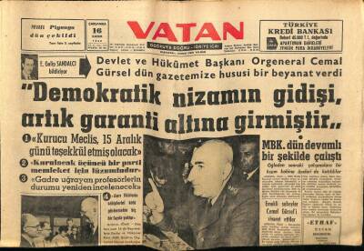 Vatan Gazetesi 16 Kasım 1960 - Cemal Gürsel, Demokratik Nizamın Gidişi Garanti Altına Girmiştir GZ78680 - 1