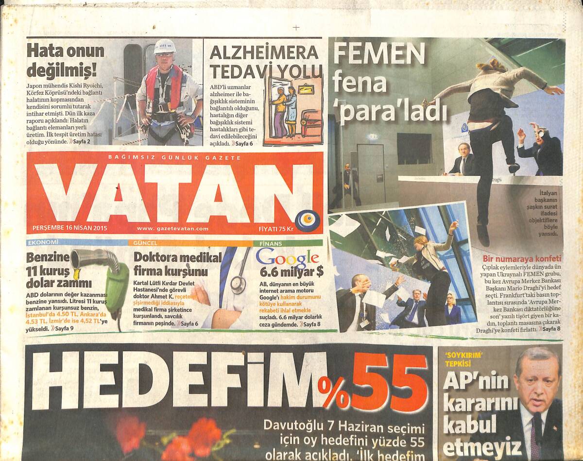 Vatan Gazetesi 16 Nisan 2015 - Adnan Öztürk Adaylıktan Çekildi - Felipe Melo'dan Mucize Dönüş GZ159520 - 1