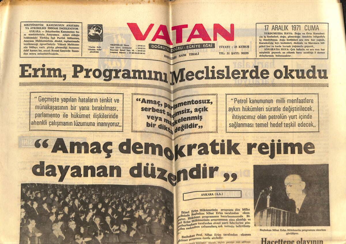 Vatan Gazetesi 17 Aralık 1971 - Fraizer Amerika'da Yılın Boksörü Seçildi - Amerika Ve Hint Gemileri Sovyet Sularında GZ146440 - 1