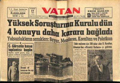Vatan Gazetesi 17 Ekim 1960 - Yolsuzluk Sanıkları,Celal Bayar,Adnan Menderes GZ78703 - 1