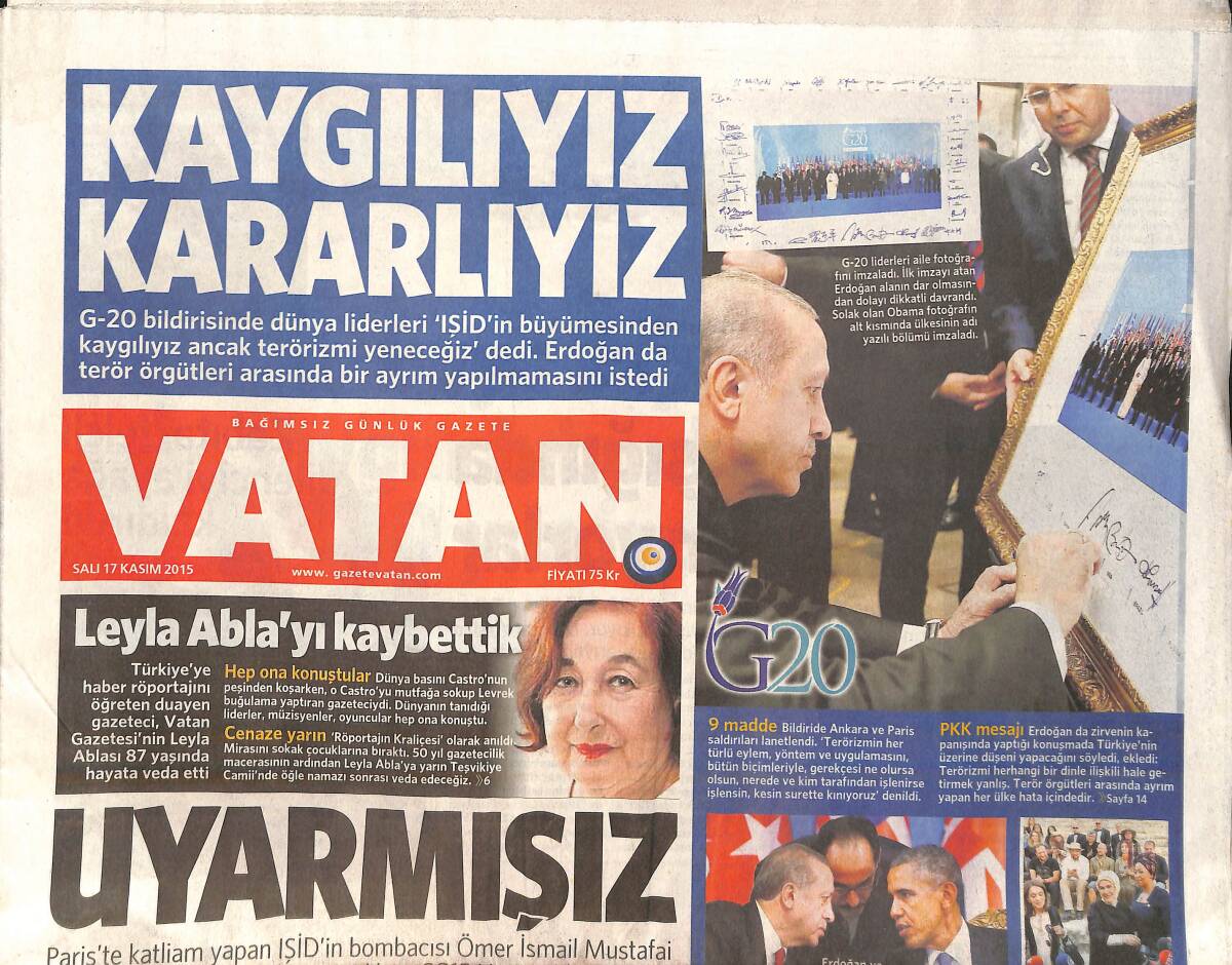 Vatan Gazetesi 17 Kasım 2015 - IŞİD'ten Yeni Tehdit - Leyla Abla'yı Kaybettik GZ159513 - 1