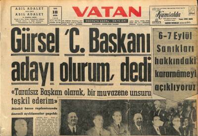 Vatan Gazetesi 18 Ekim 1960 - Cemal Gürsel Cumhurbaşkanı Adayı Olurum Dedi GZ110108 - 1