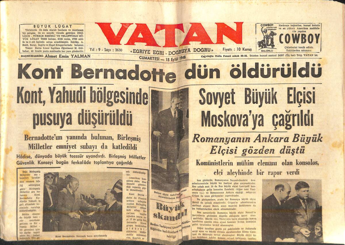 Vatan Gazetesi 18 Eylül 1948 - Kont Bernadotte Dün Öldürüldü - Lüksemburg Ve Dünya Kongresi - Amerikan Kongre heyeti Dün Şehrimize Geldi GZ141939 - 1