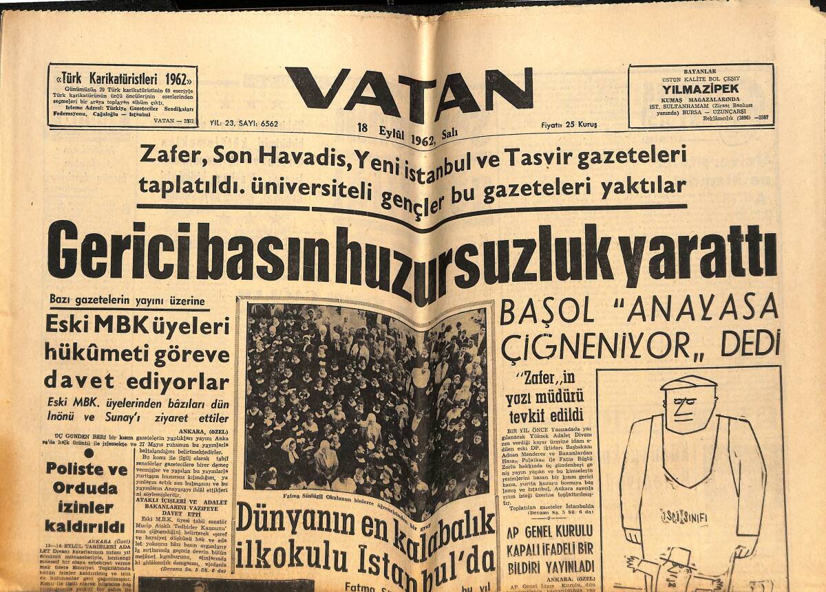 Vatan Gazetesi 18 Eylül 1962 - İnönü 'Sosyal Adaletle Kalkınacağız ' Dedi - D.D.Y. İşçileri Semineri Açıldı GZ148825 - 1