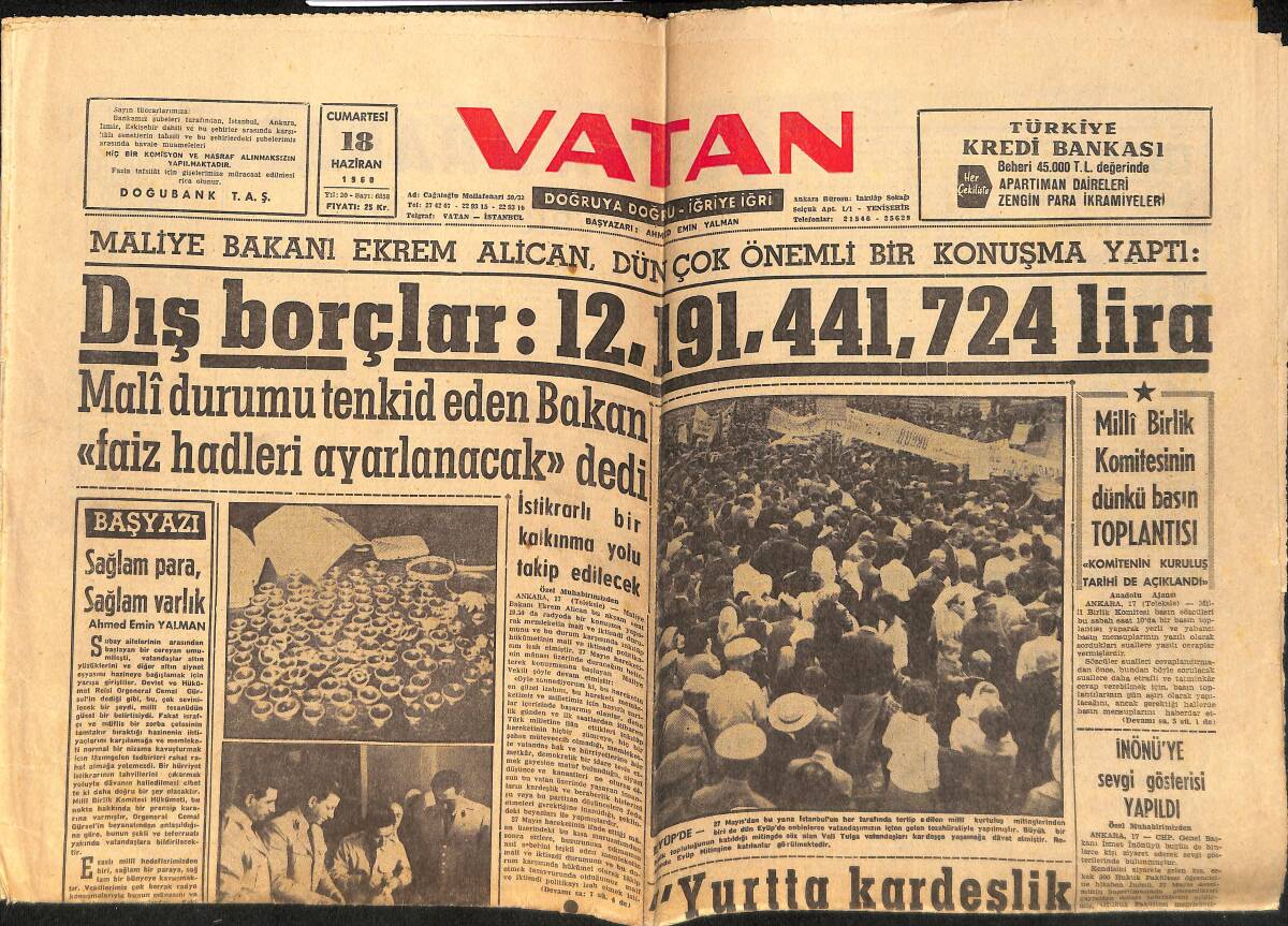 Vatan Gazetesi 18 Haziran 1960 - Kaçak Olarak 126 Kamyon Getirilmiş - Dış Borçlar : 12.191.441.724 Lira GZ155937 - 1
