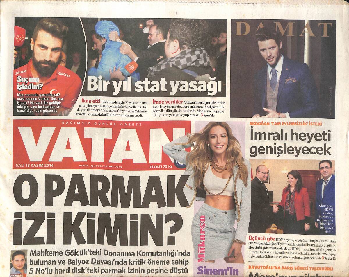 Vatan Gazetesi 18 Kasım 2014 - Yunan Botuna Denizaltı Süprizi - Sinem Kobal'ın Çiftlik Öfkesi - İphone Kılıfında Bomba Tarifi GZ136329 - 1