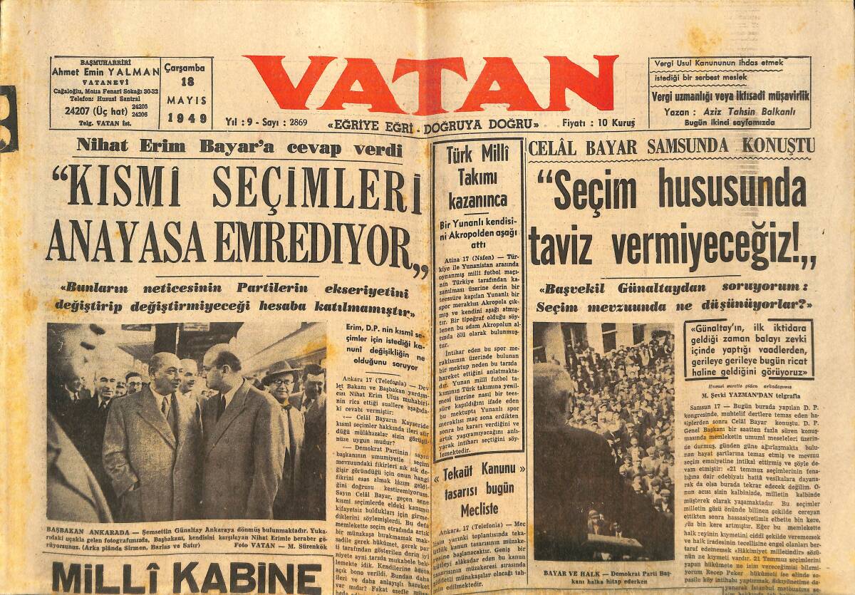 Vatan Gazetesi 18 Mayıs 1949 - Celal Bayar Samsun'da Konuştu - Sovyetler Müslümanları Tazyik Ediyor GZ146790 - 1