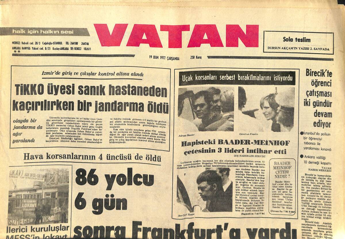 Vatan Gazetesi 19 Ekim 1977 - Faşist Terörün Odağı: Elazığ - Hapisteki Baader-Meinhof Çetesinin 3 Lideri İntihar Etti GZ147893 - 1