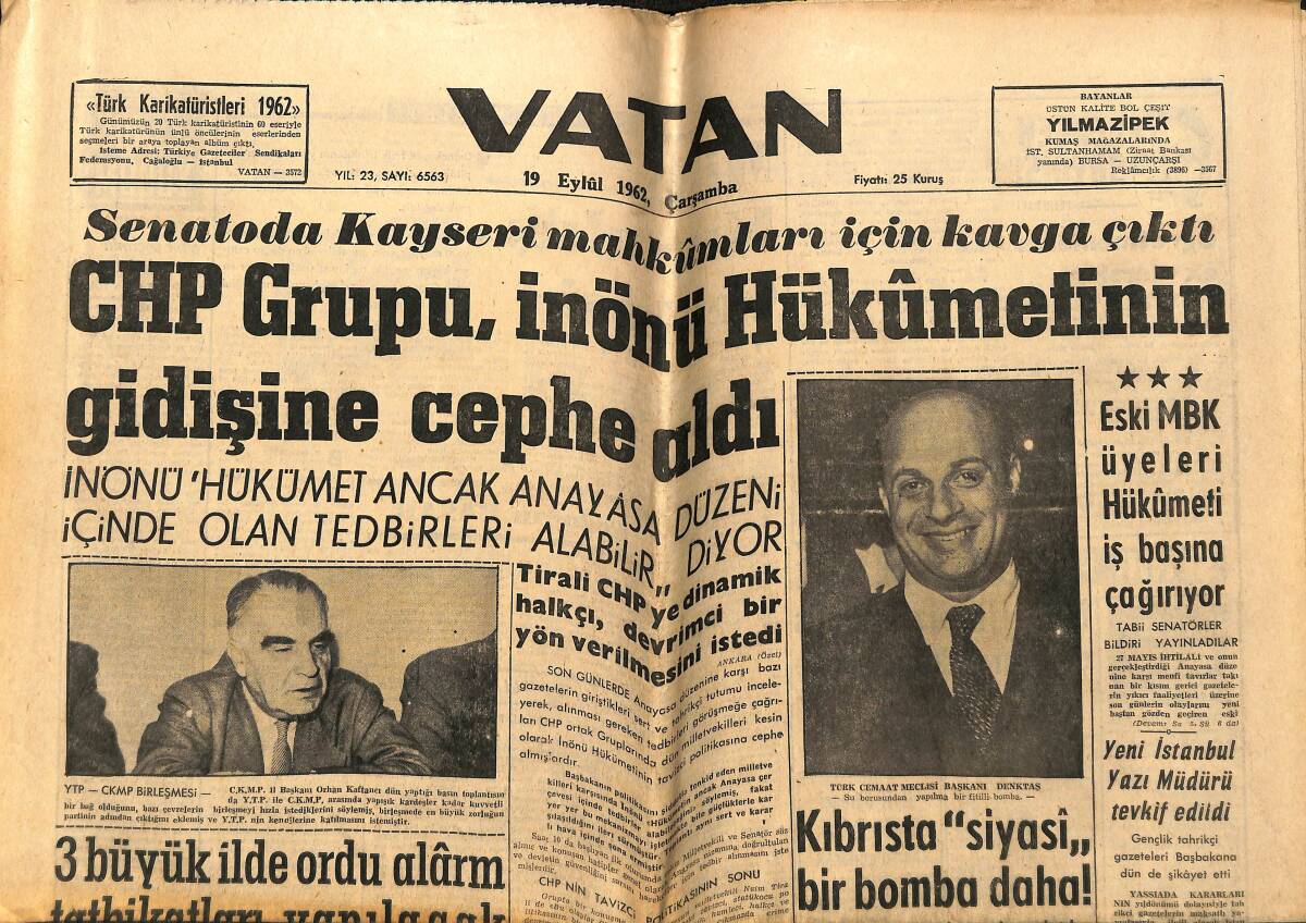 Vatan Gazetesi 19 Eylül 1962 - İnönü Tansel İle Görüştü - Eski MBK Üyeleri Hükümeti İş Başına Çağırıyor GZ148716 - 1