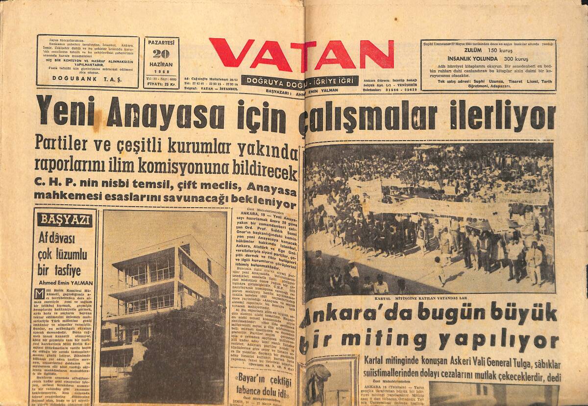 Vatan Gazetesi 19 Haziran 1960 - Yüksek Adalet Divanı Kanunu Açıklandı - Eğitim Raporu Neşrediliyor GZ155938_Kopya(1) - 1
